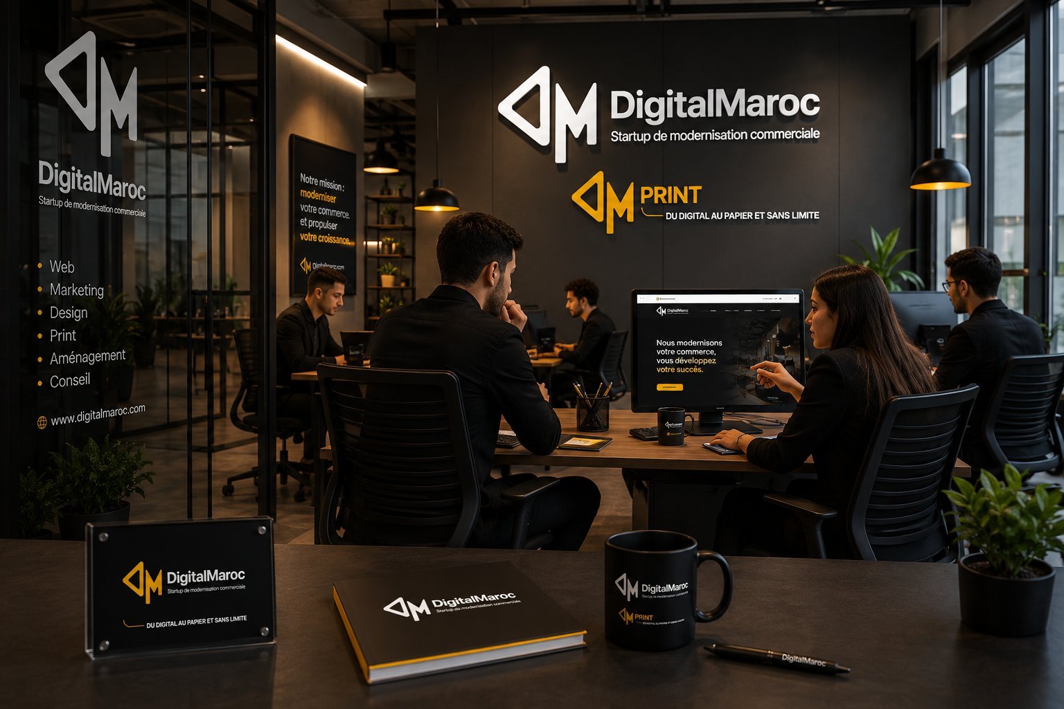 DigitalMaroc-branded workspace: two team members in front of a screen displaying a website