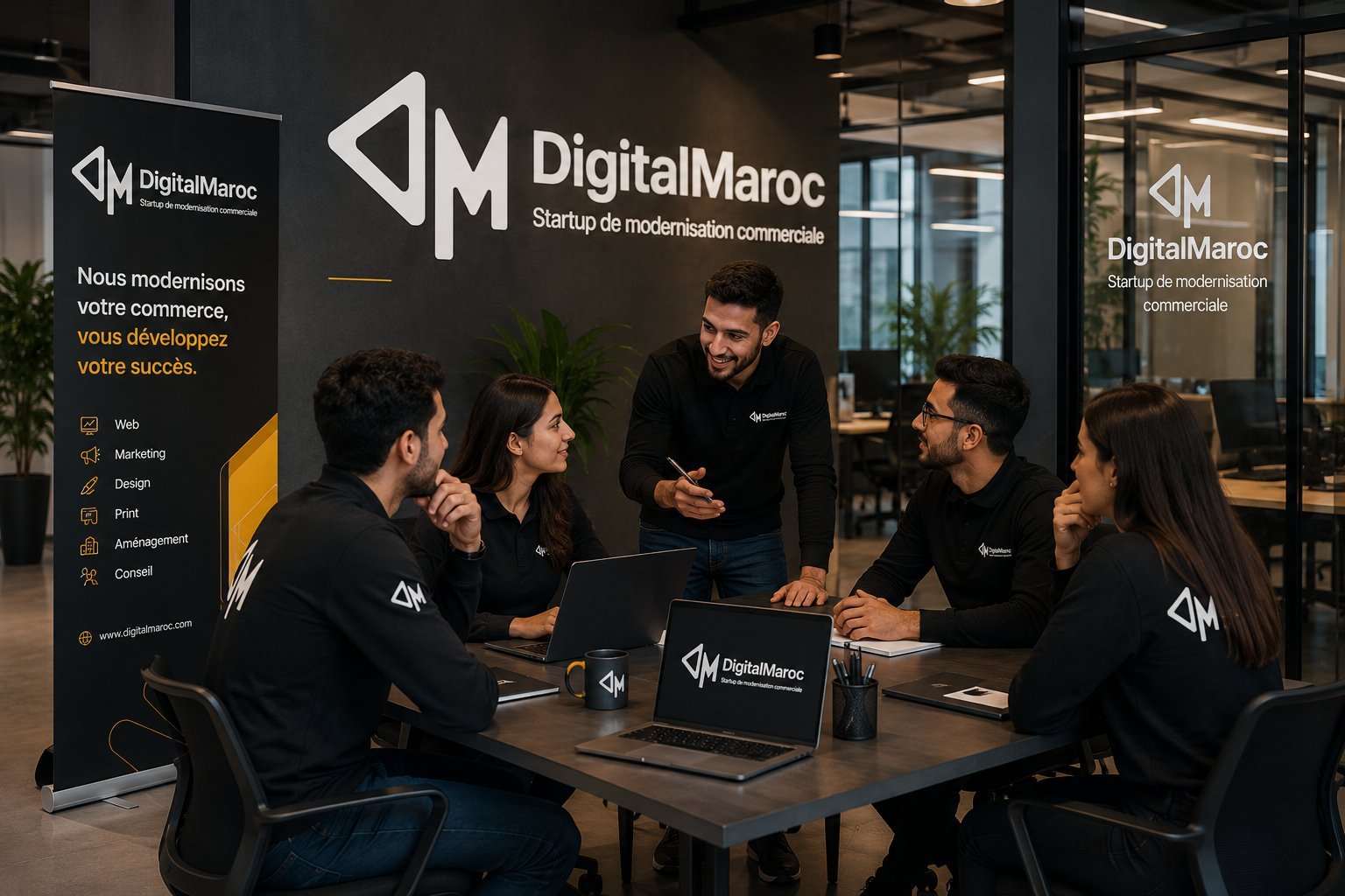 DigitalMaroc team meeting around a table, with a roll-up banner presenting the agency's services