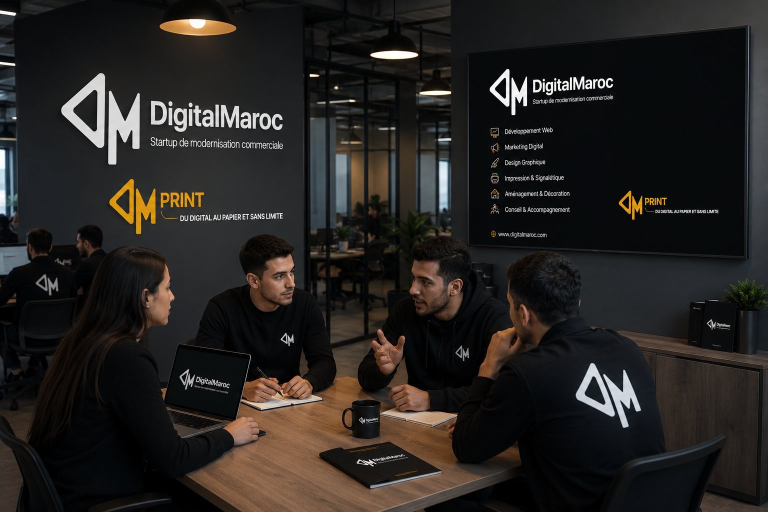 DigitalMaroc meeting room: team discussion in front of a screen listing the areas of expertise