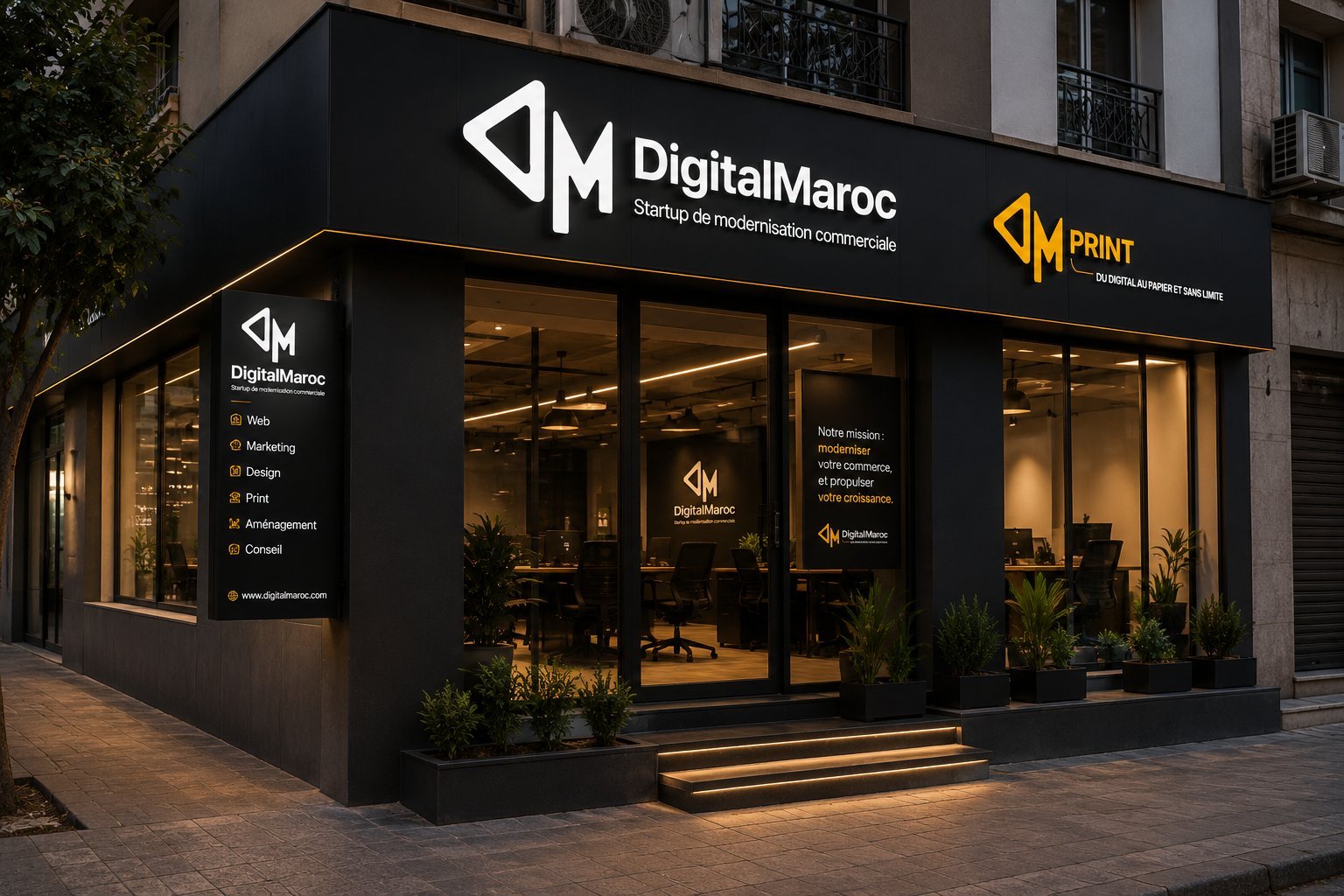 Agency storefront with DigitalMaroc and DigitalPrint signage, lit up in the evening
