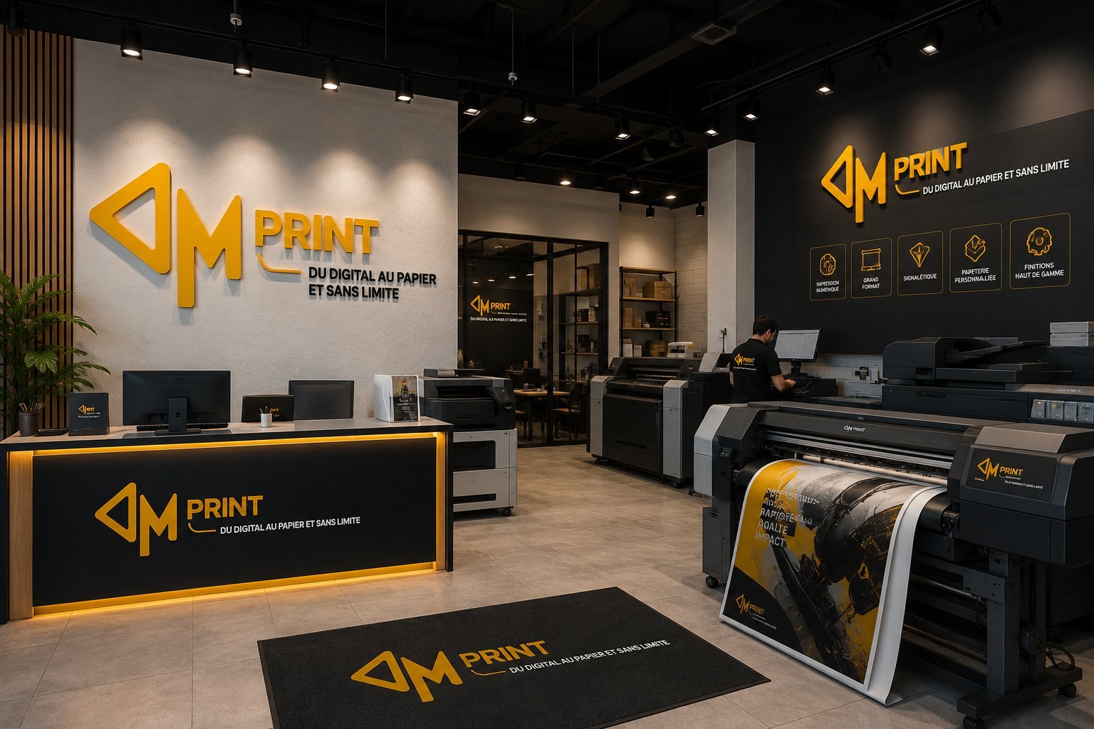 DigitalPrint reception area with counter, illuminated sign and a large-format printer in operation